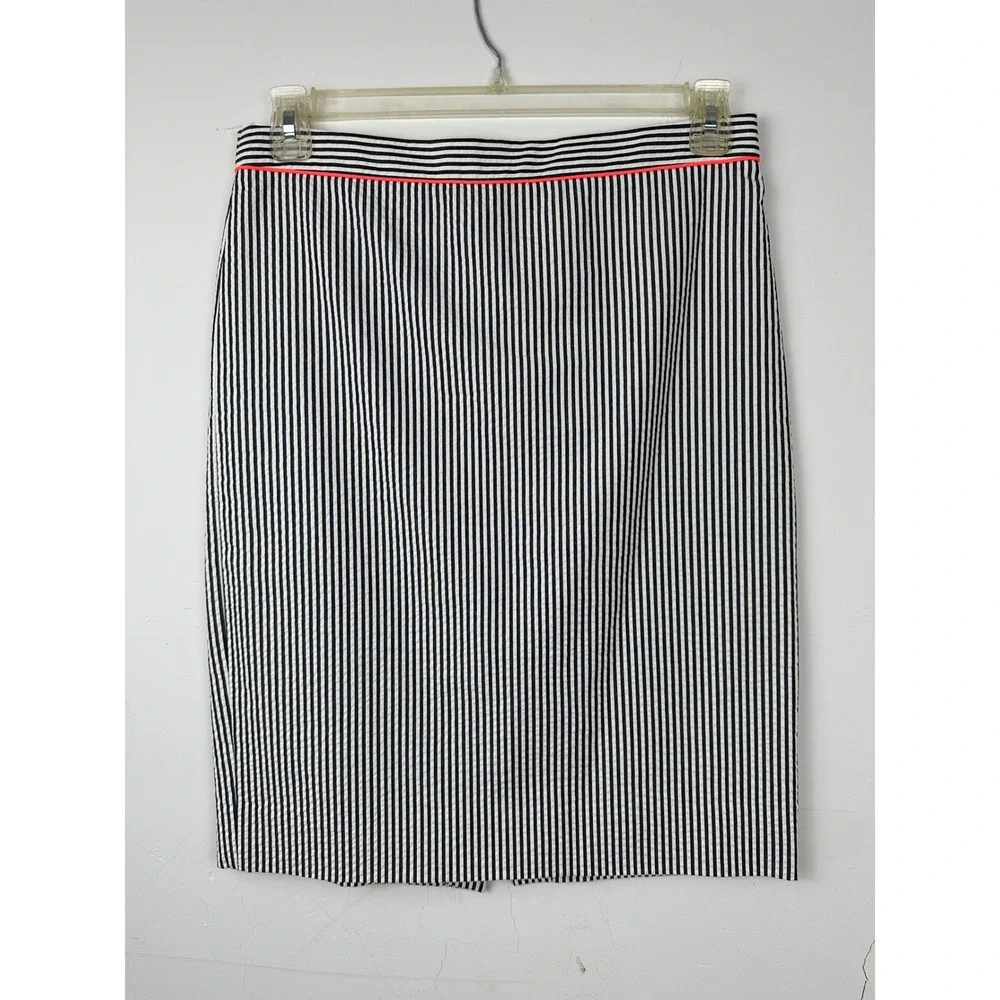 J.Crew No. 2 Pencil Skirt 6 Navy White Striped Seersucker Pink Trim 45929